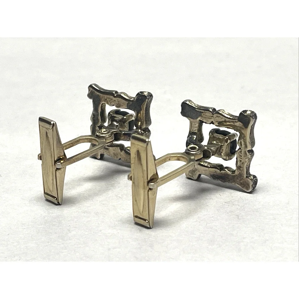 Vintage Sterling Silver Bamboo Style Cufflinks Black Stone Gold Tone Backs MCM